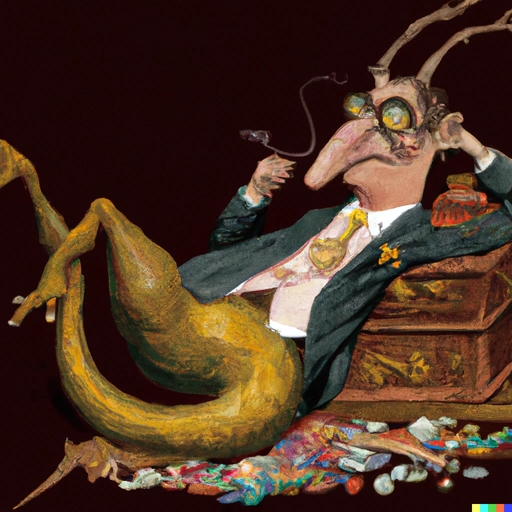 Prompt: Jacob Rees-Mogg as a dragon reclining on a pile of treaure