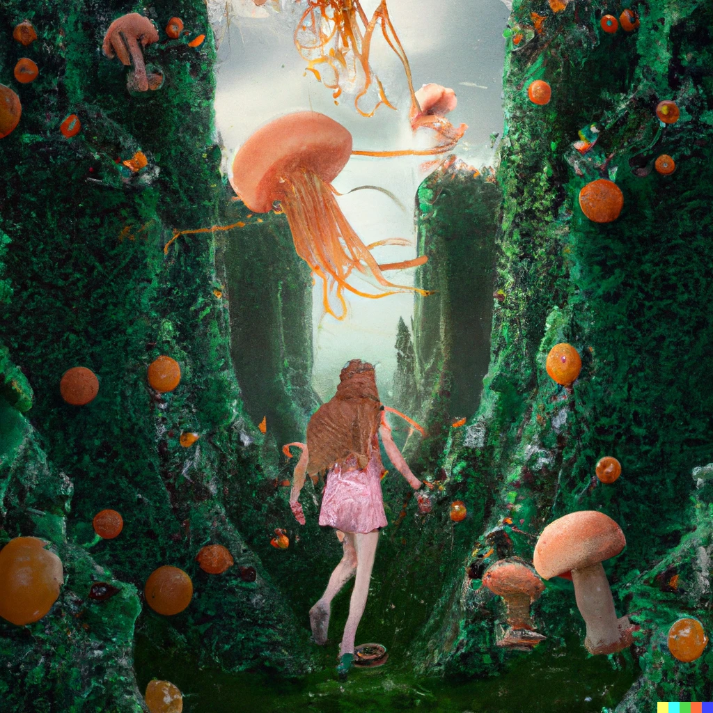Prompt: A realistic photo of a teenage girl entering a labyrinth of tall vegetable walls, some mushrooms on the ground, and giant jellyfish flying in the sky