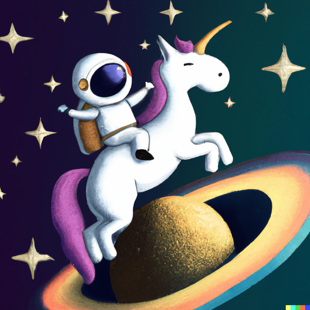 Prompt: An astronaut visiting Saturn riding a unicorn