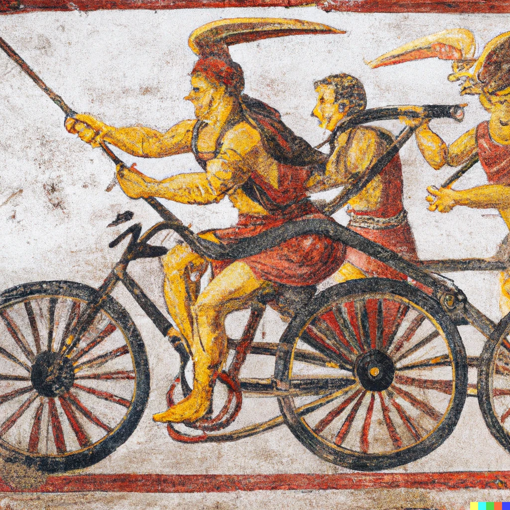 Prompt: Fresco of a roman soldiar on a bicycle racing against a charriot on the streets of ancient rome