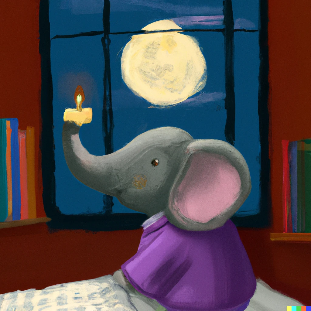 Prompt: A colorful childrens book illustration of a young elephant in pyjamas going to bed by candle light, with a smiling moon seen through its window.