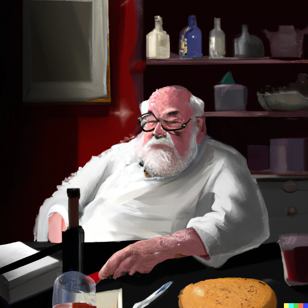 Prompt: An old chef sitting in his living room with a bottle of wine and a biscuit, whlist mixing a cake in a dimly lit room, digital art.