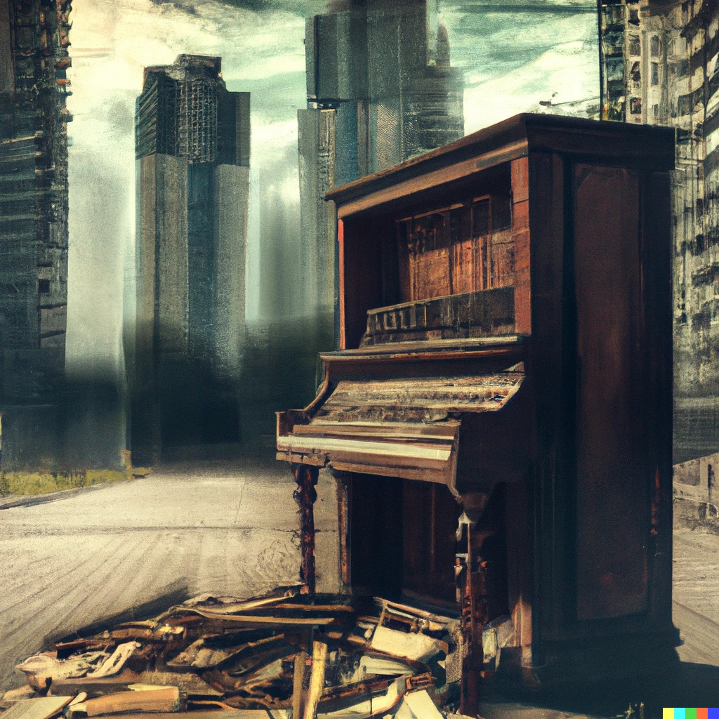 Prompt: an old decaying piano in a post-apocalyptic empty city street, decaying skyscrapers in the background, photo realistic advertising photography