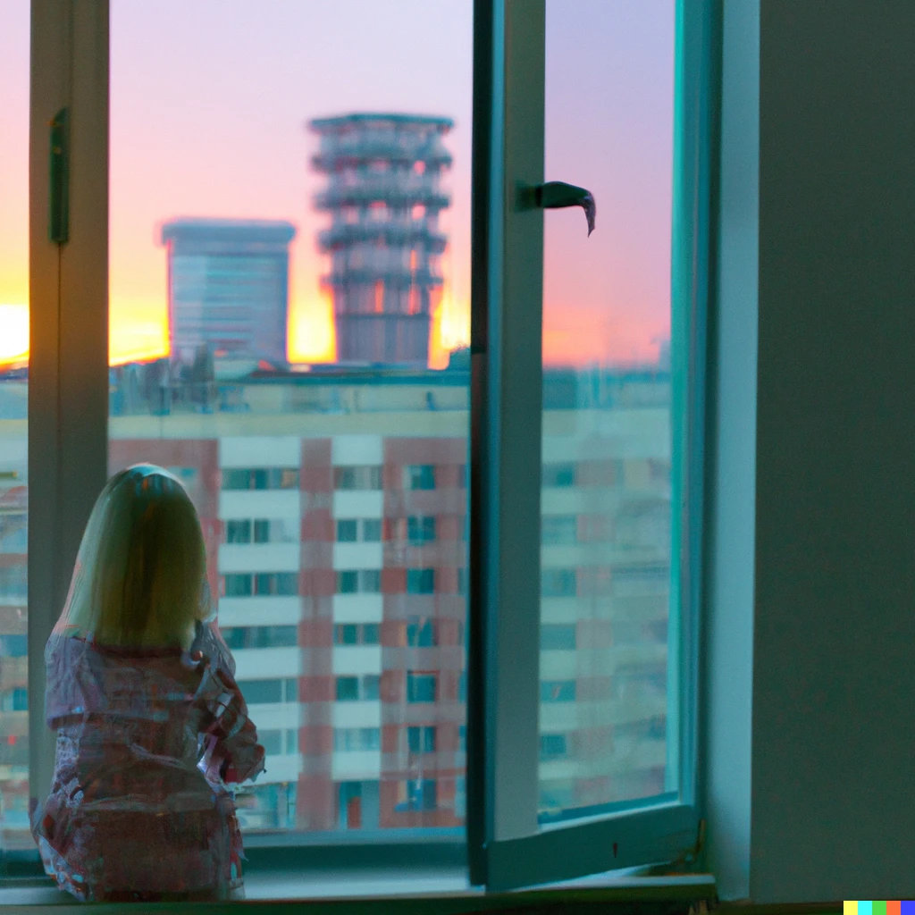 Prompt: Little girl seeing sunset from apartment window