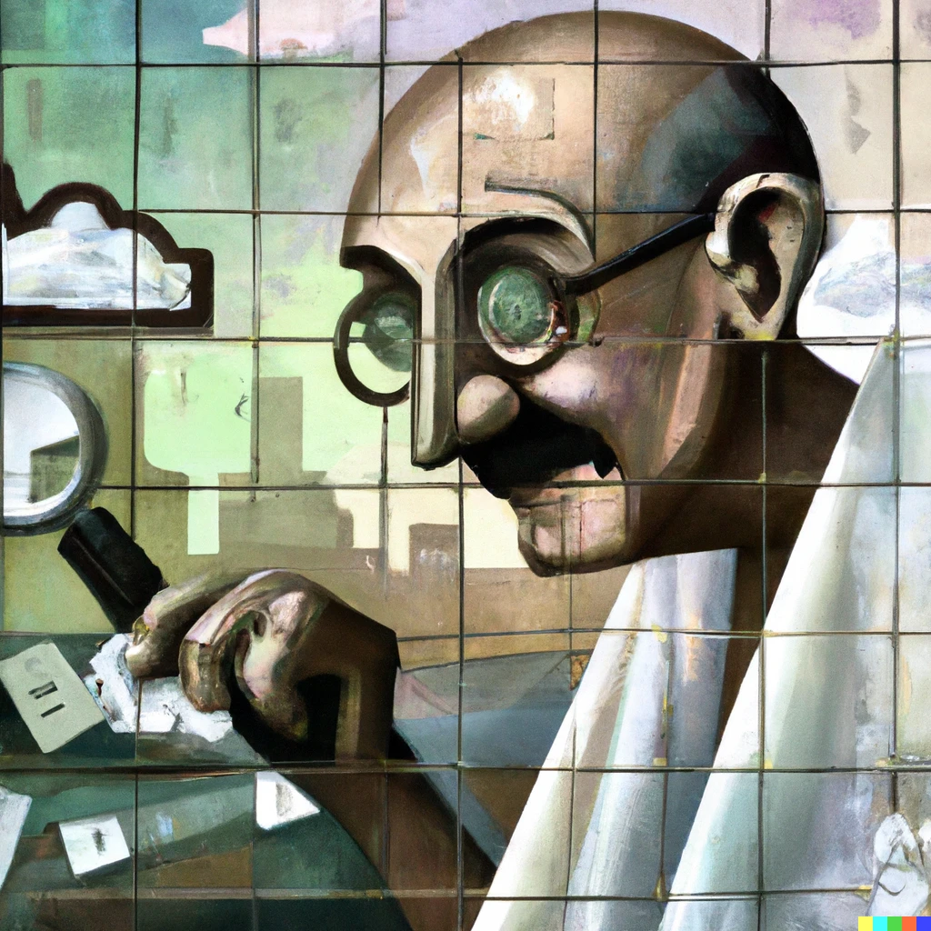 Prompt: Mahatma gandhi hacking british government, surreal painting