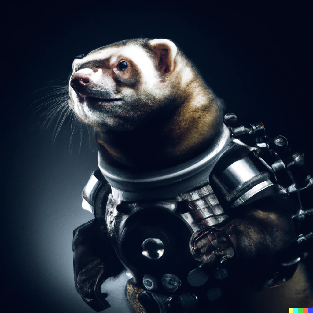 Prompt: a photograph of a ferret in mechanical power armor