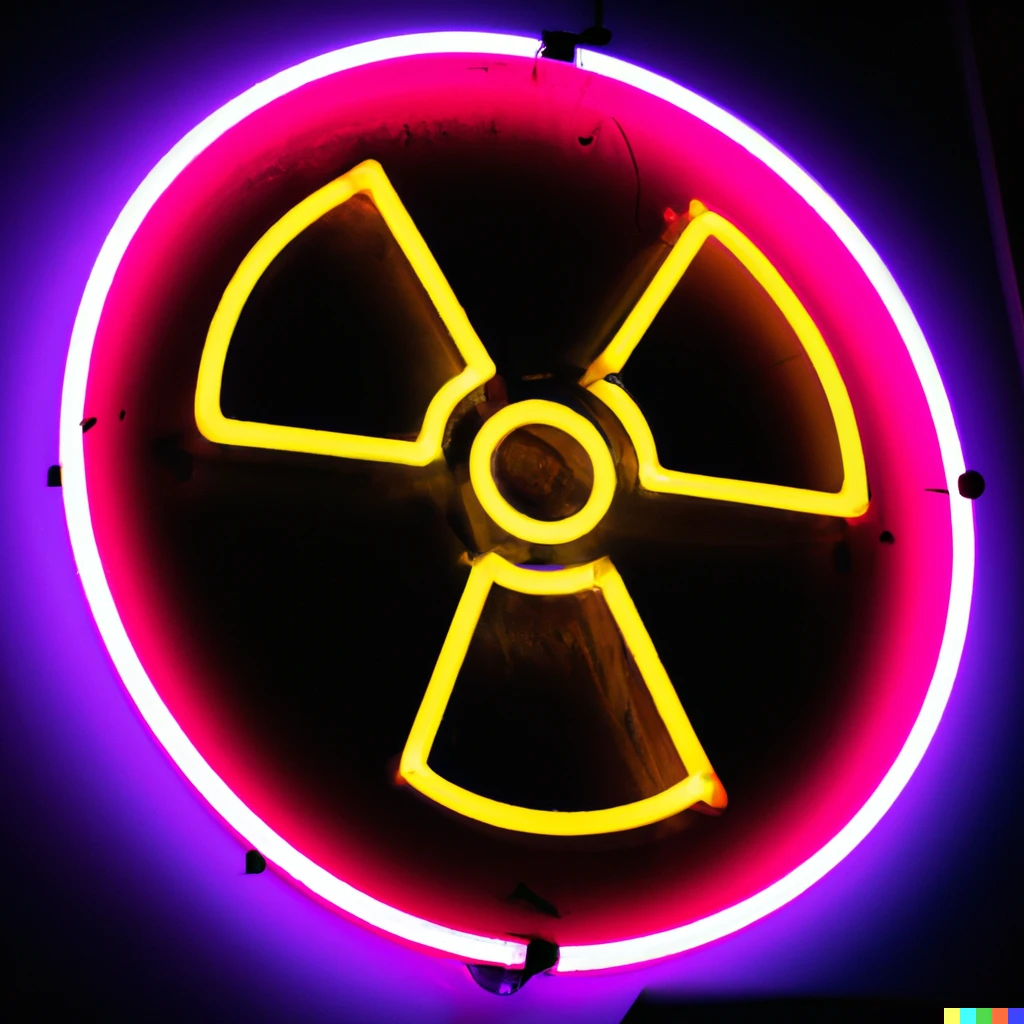 Prompt: Neon sign depicting a radioactive logo