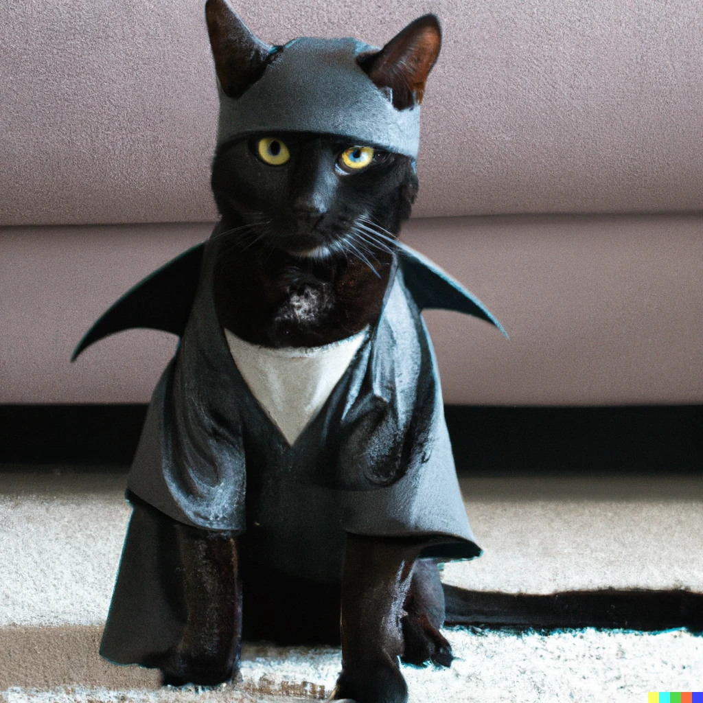 Prompt: A black cat dressed as batman