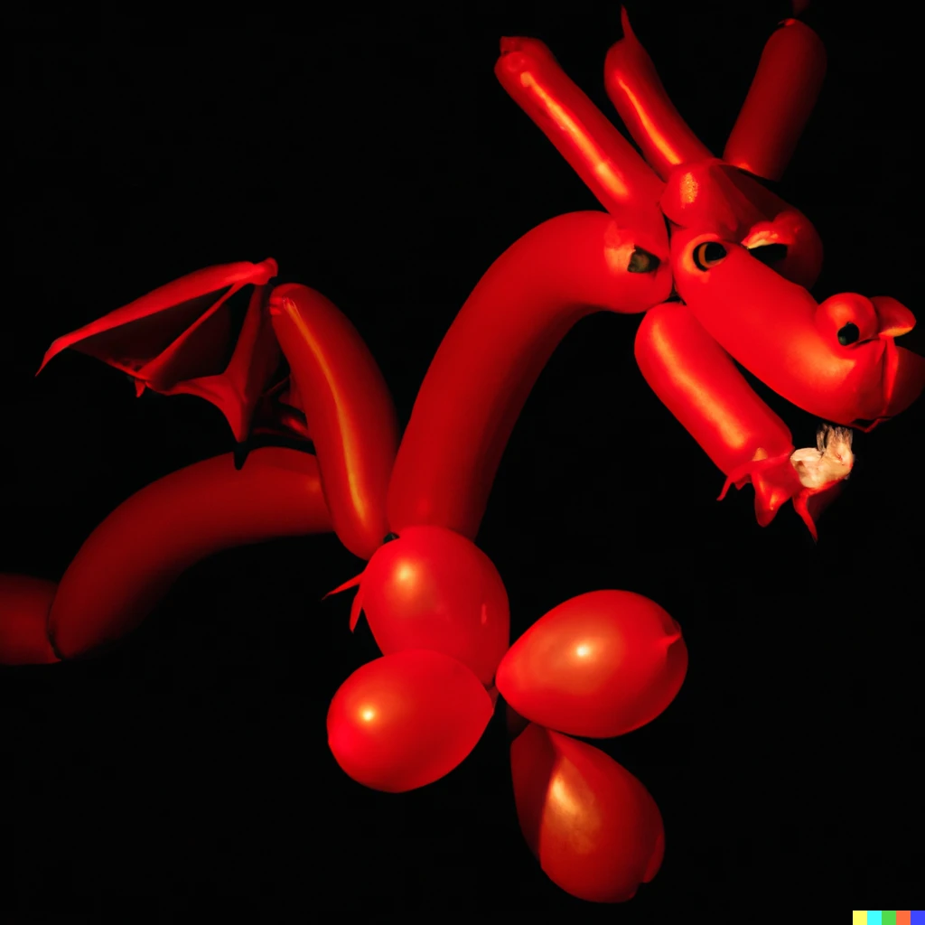 Prompt: dragon made with red balloons spitting fire from its mouth with a black background