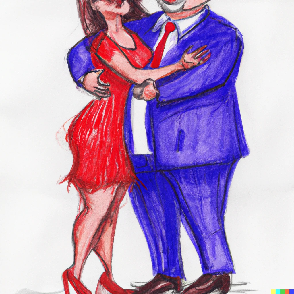 Prompt: Have a good election 
Slim Lady in red dress  and fat man in suit  in blue hugs, pencil drawing photorealistic 
