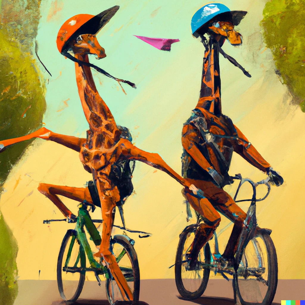 Prompt: Two giraffes with helmets riding bikes, digital art