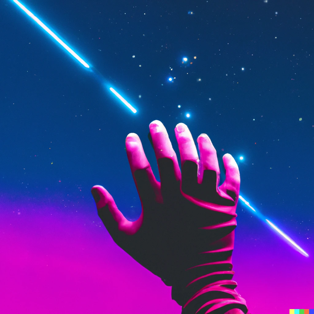 Prompt: A hand reaching out to grab the stars, synthwave