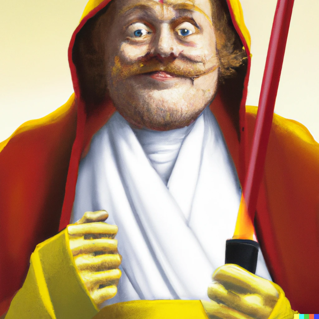 Prompt: Ronald McDonald as a Jedi, from a scene in Star Wars