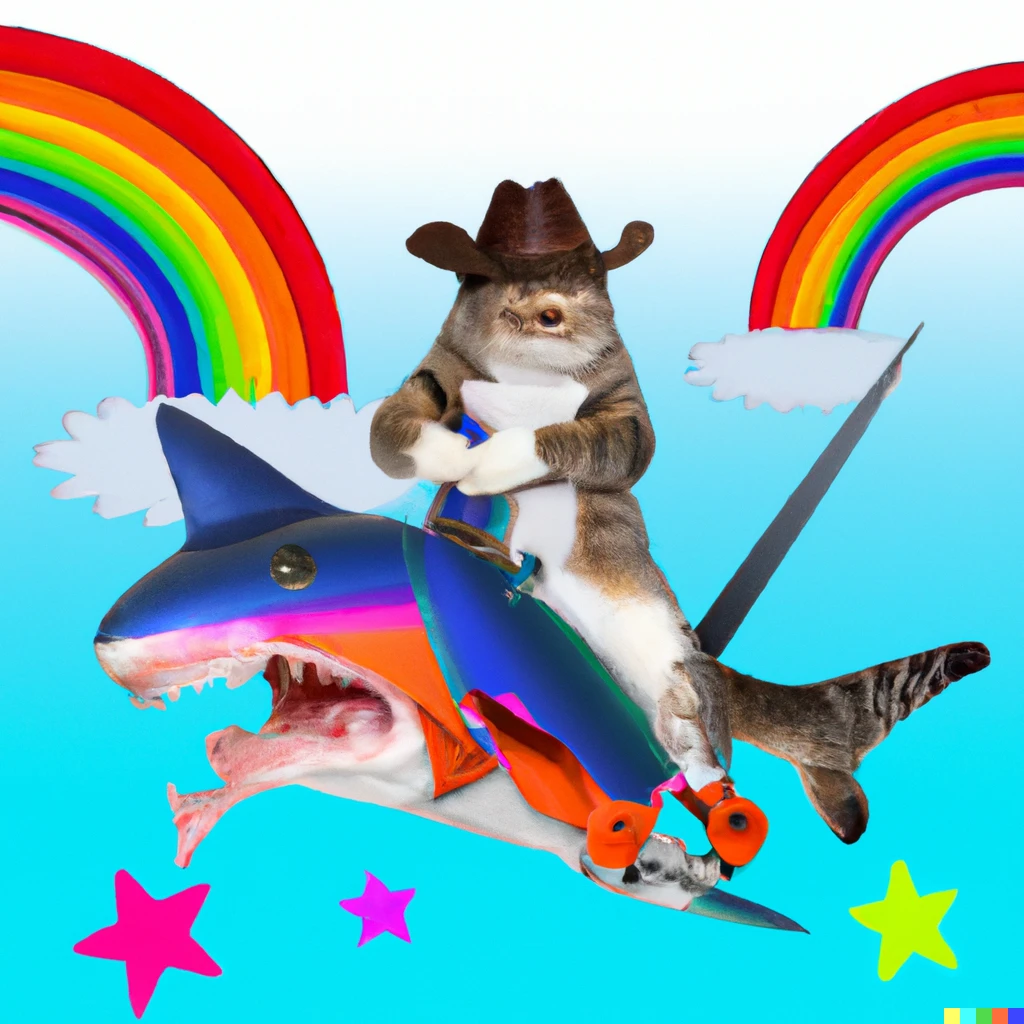 Prompt: cat in a cowboy outfit riding a shark who is puking rainbows