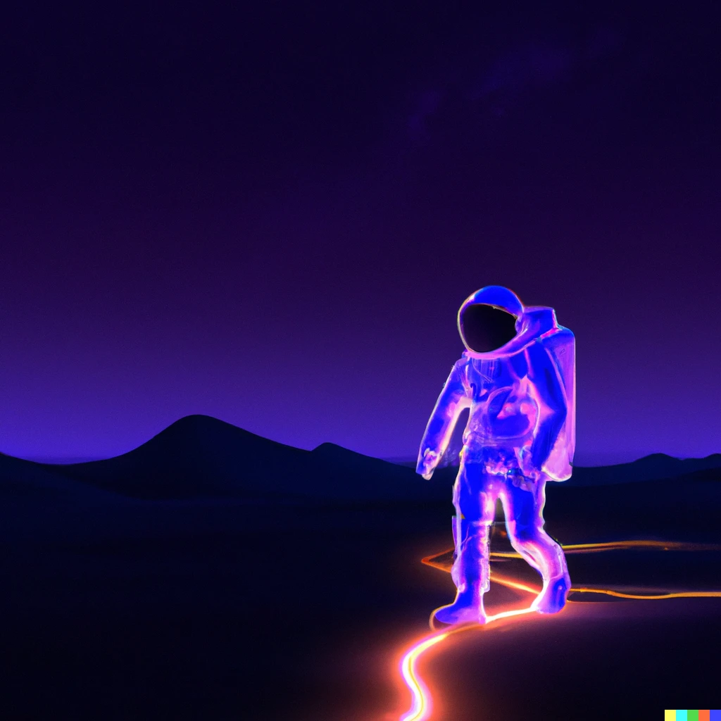 Prompt: An astronaut lit by neon light is walking through the desert, it's night and the sky is full of stars, realistic