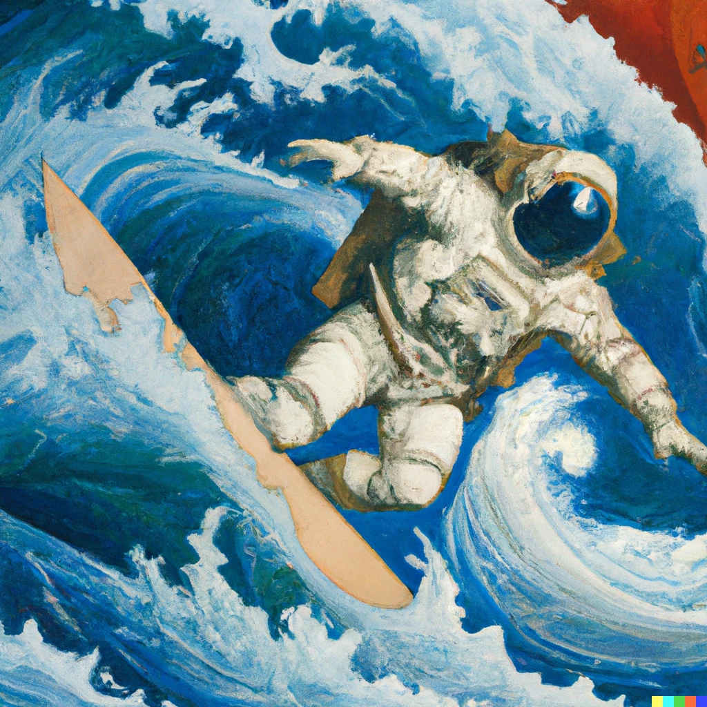 Prompt: Painting of an astronaut surfing on a massive wave by Sandro Botticelli
