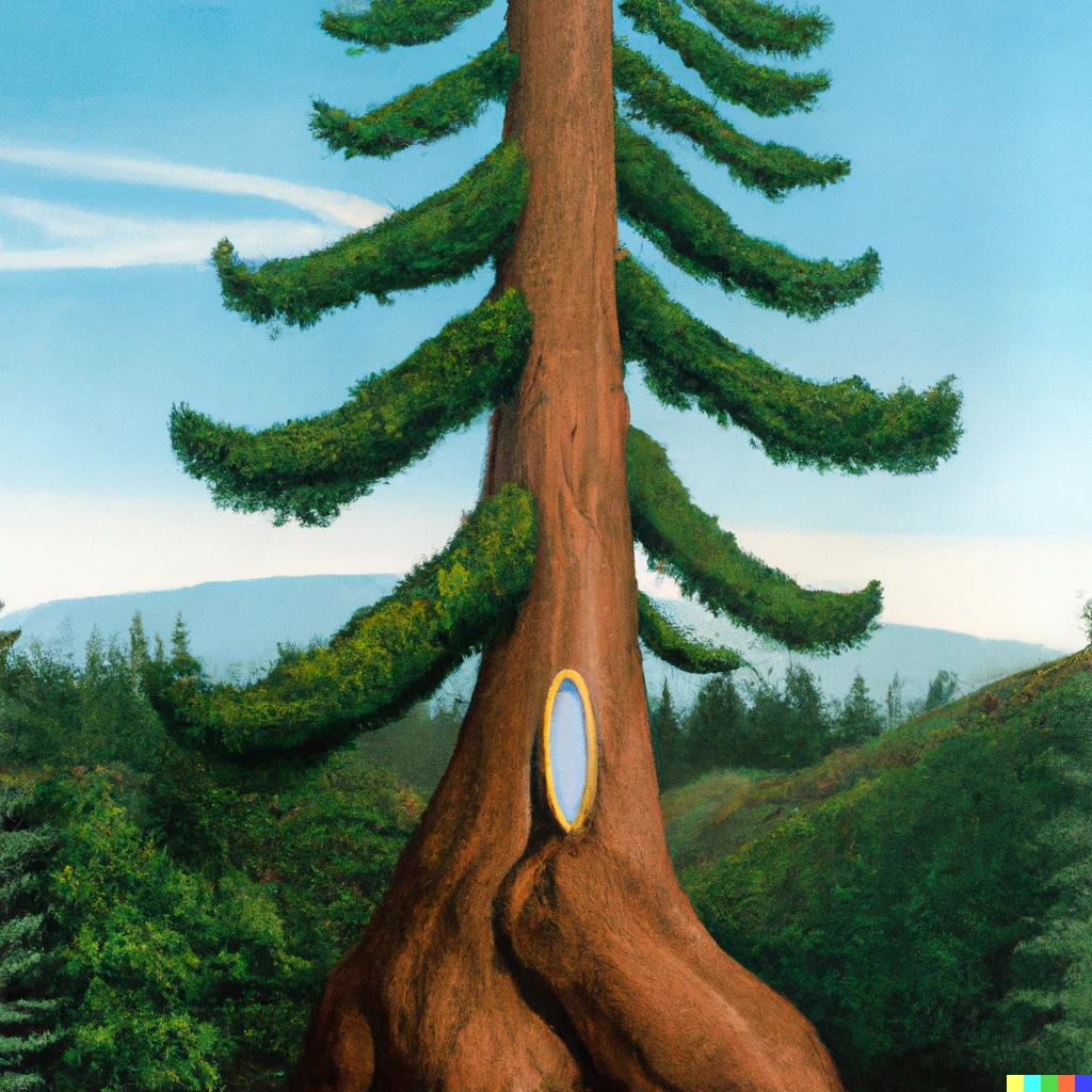 Prompt: A Salvador Dali version of a giant redwood tree from the 1980s
