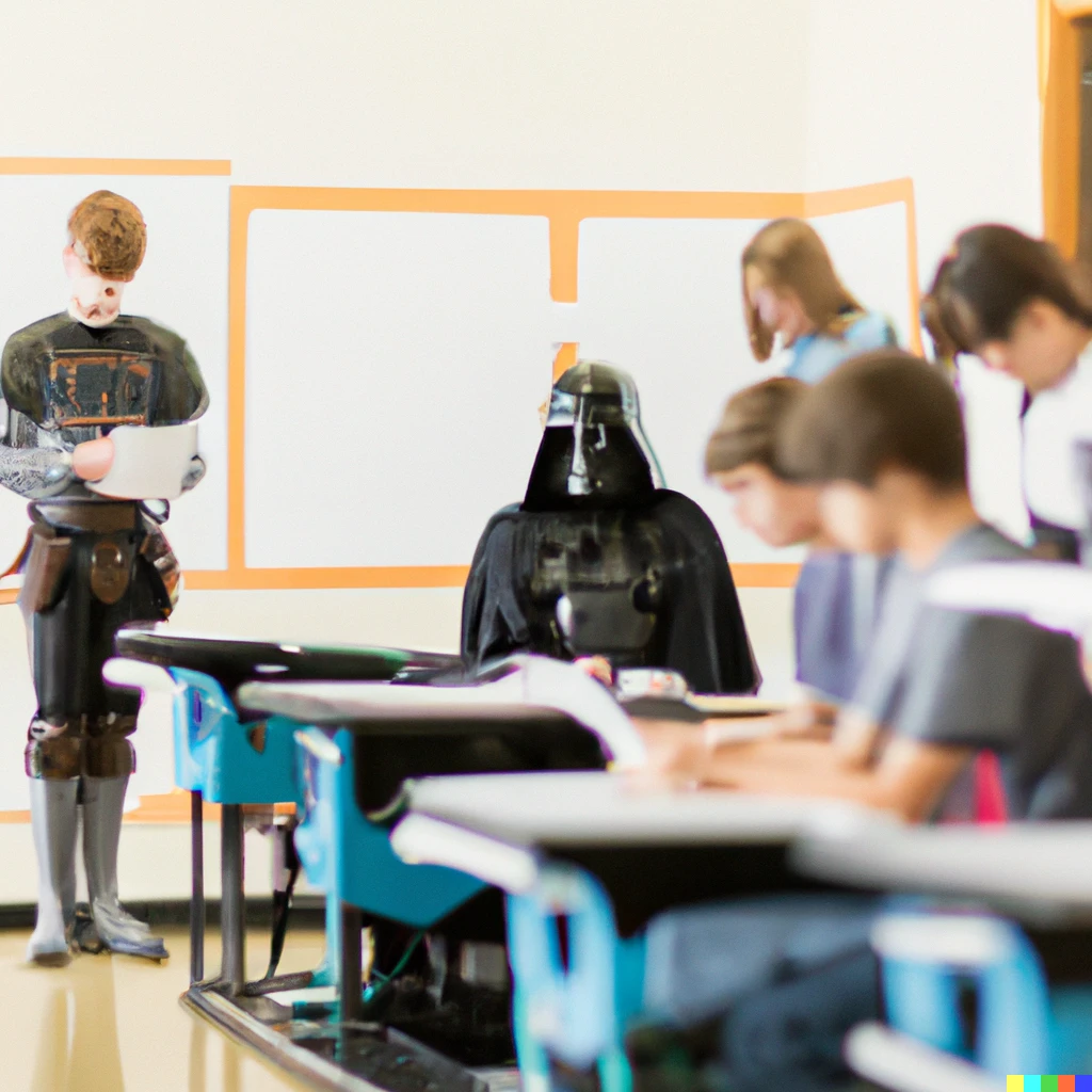 Prompt: photo of darth vader monitoring students in high school detention