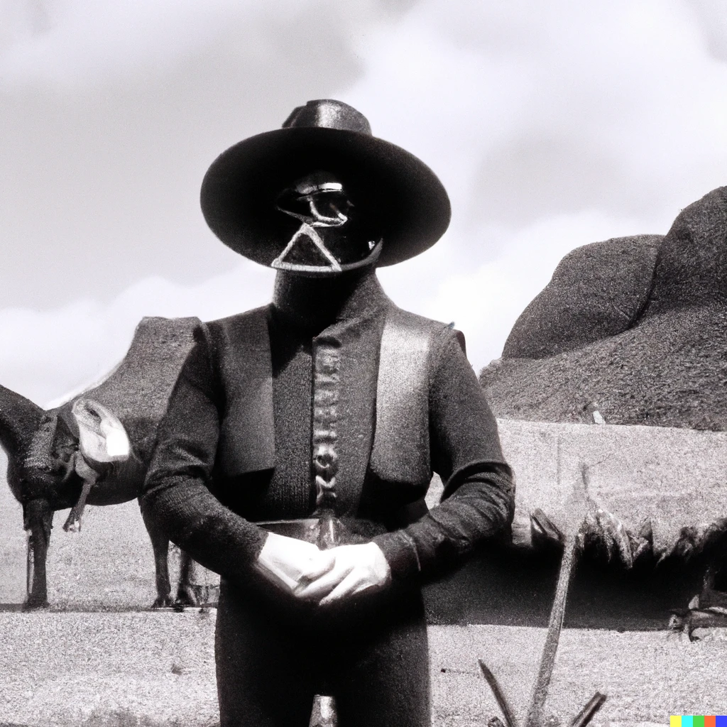 Prompt: photo of Darth Vader guest appearance on 1955 episode of “Gunsmoke”