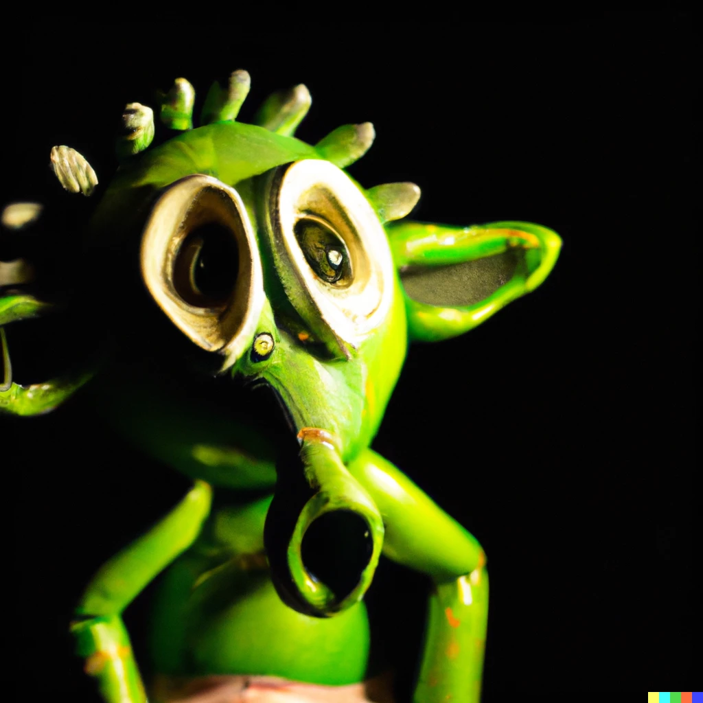 Prompt: photo of a large-eyed, calm, wrinkled green yoda alebrije against a dark backdrop