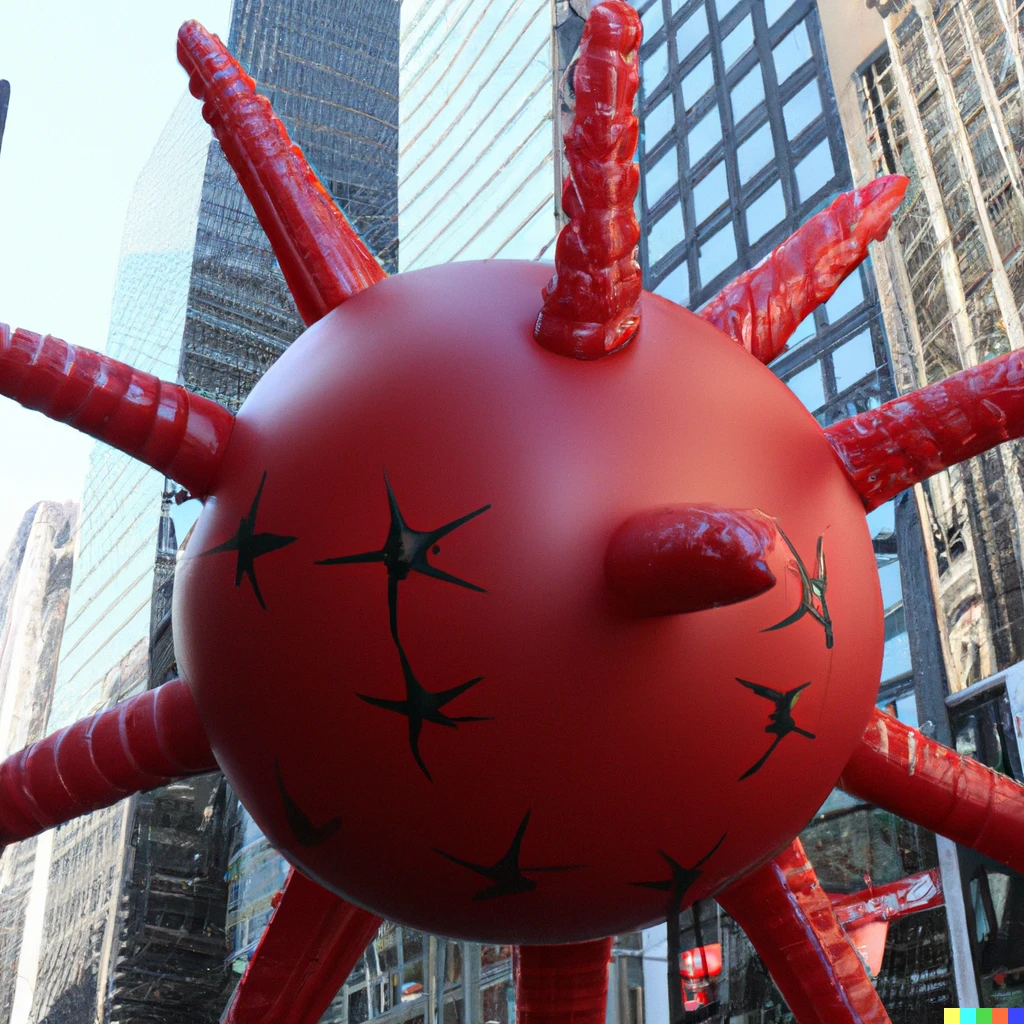 Prompt: a photo of a skyscraper-sized inflated spiky red virus balloon float in the macy's thanksgiving parade