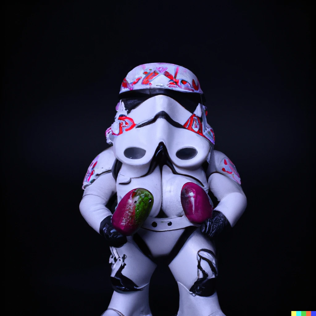 Prompt: photo of a stormtrooper alebrije against a dark backdrop