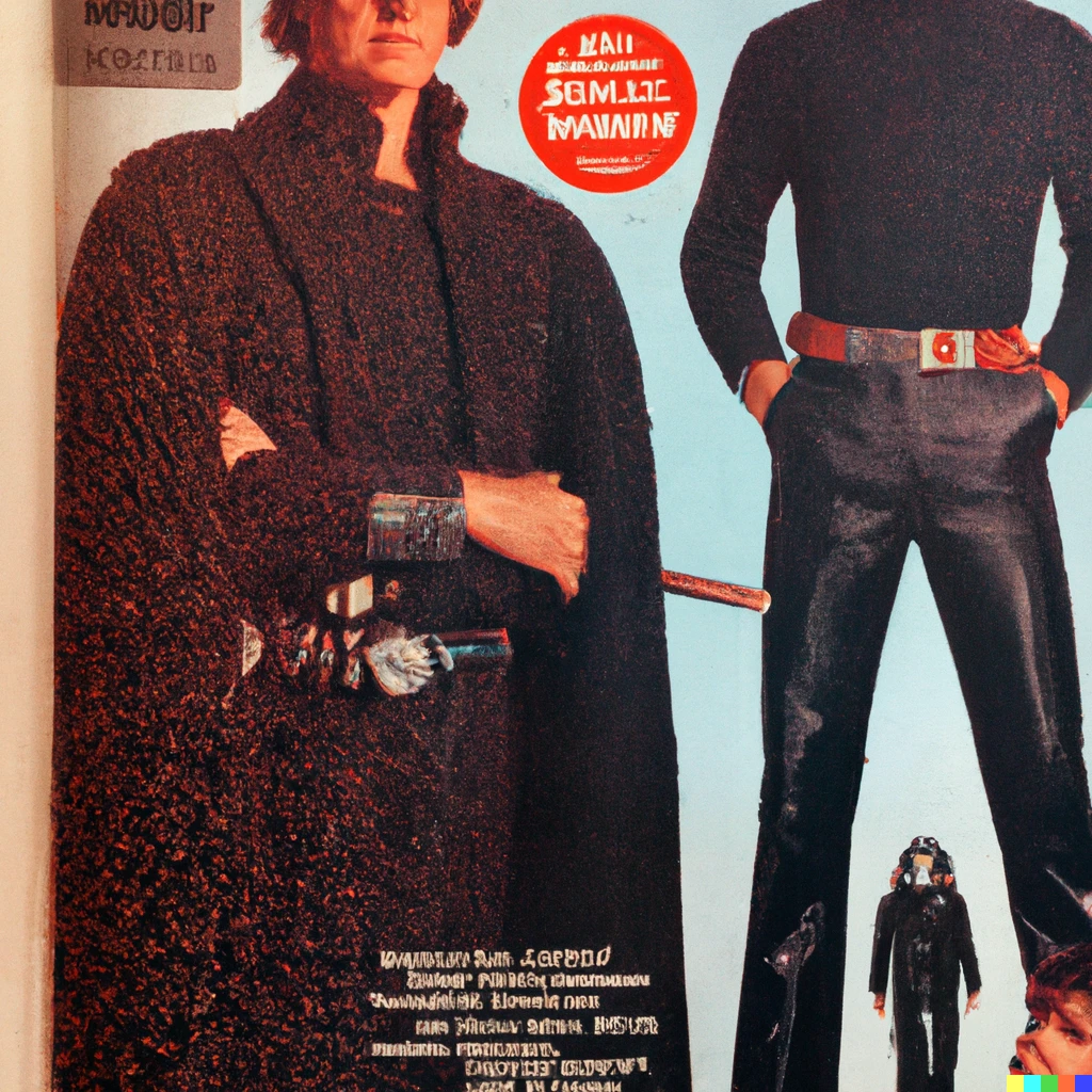 Prompt: photo of a 1978 Sears catalog with Darth Vader men’s fashion