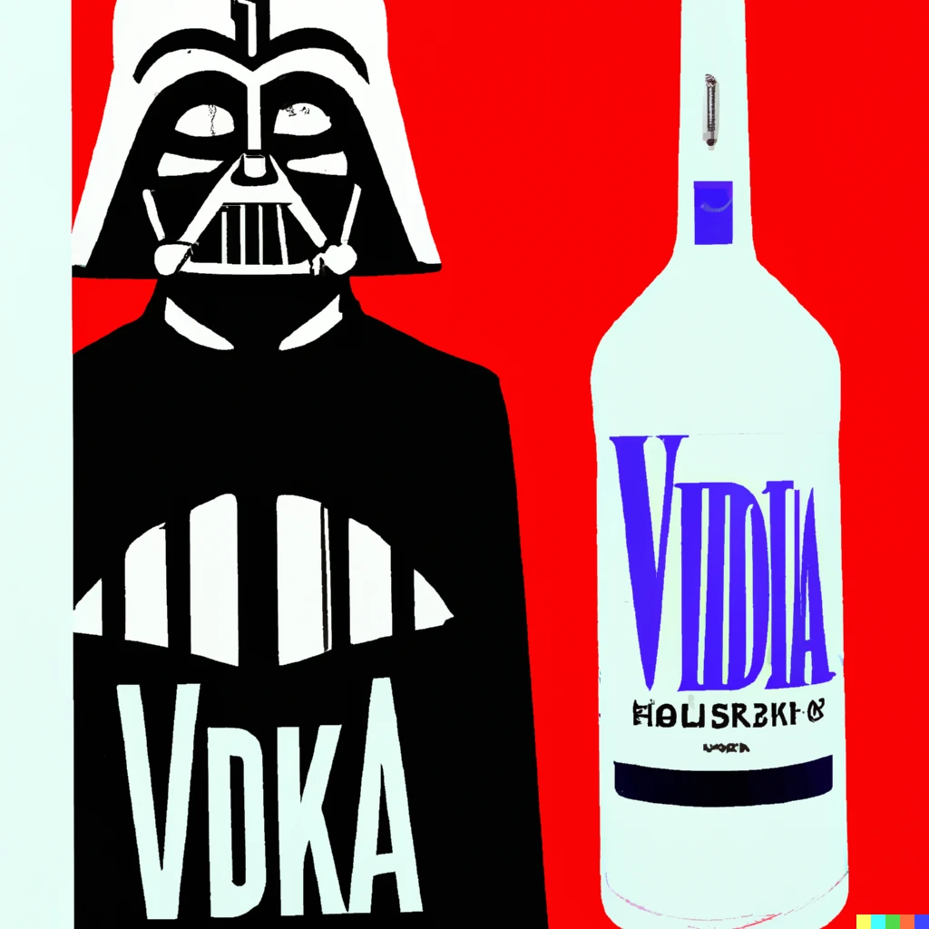 Prompt: illustrated advertisement by andy warhol with darth vader for “vader vodka”