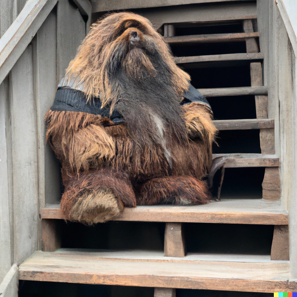 Prompt: photo of chewbacca as hagrid, sitting on the stairs outside hagrid’s hut