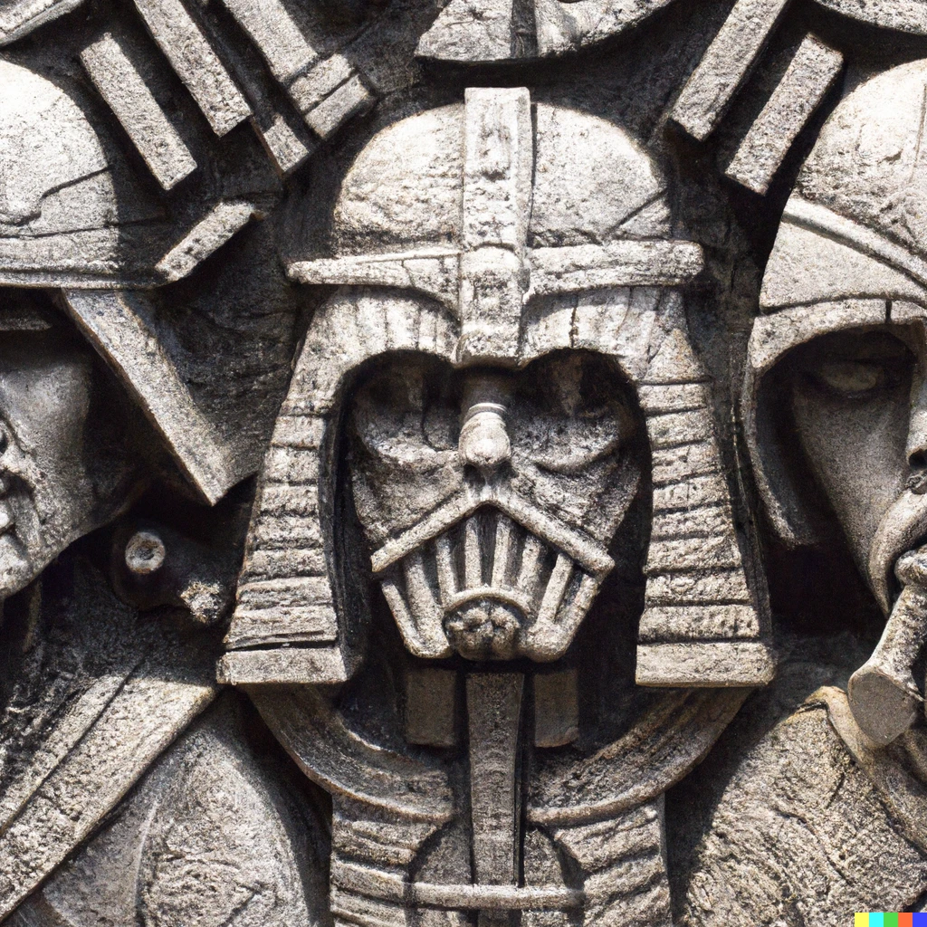 Prompt: aztec carving of darth vader flanked by stormtroopers