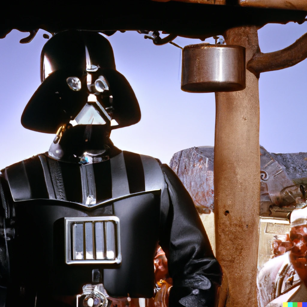 Prompt: photo of Darth Vader guest appearance on 1955 episode of “Gunsmoke”