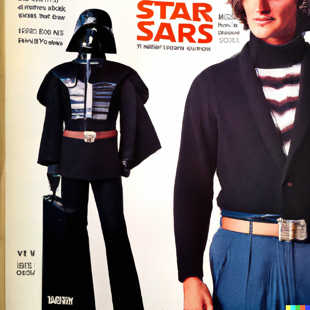 Prompt: photo of a 1978 Sears catalog with Darth Vader men’s fashion