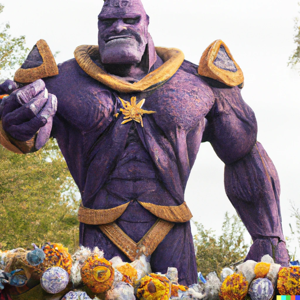 Prompt: a photo of a thanos themed float in the rose parade during the daytime in pasadena