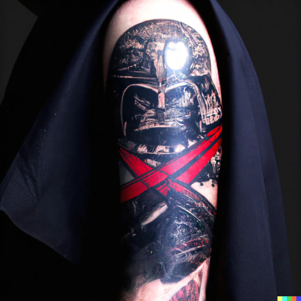 Prompt: photo of a tattoo of an ukiyo-e painting by hokusai of darth vader in black kabuto and mask wielding a red lightsaber