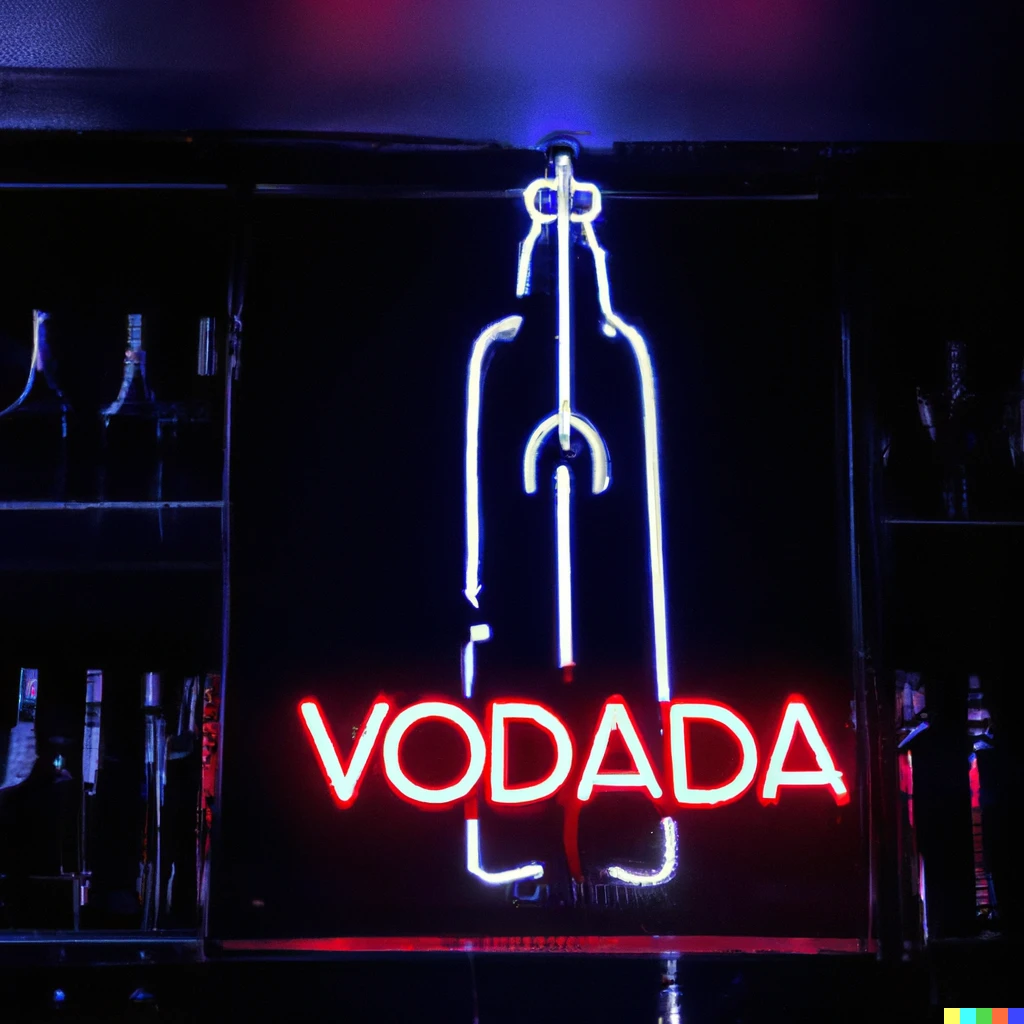 Prompt: photo in a bar of a neon sign of darth vader advertising “vader vodka”