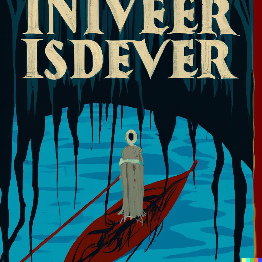 Prompt: art deco travel poster for the underworld  river styx with a cloaked skeleton guiding his boat