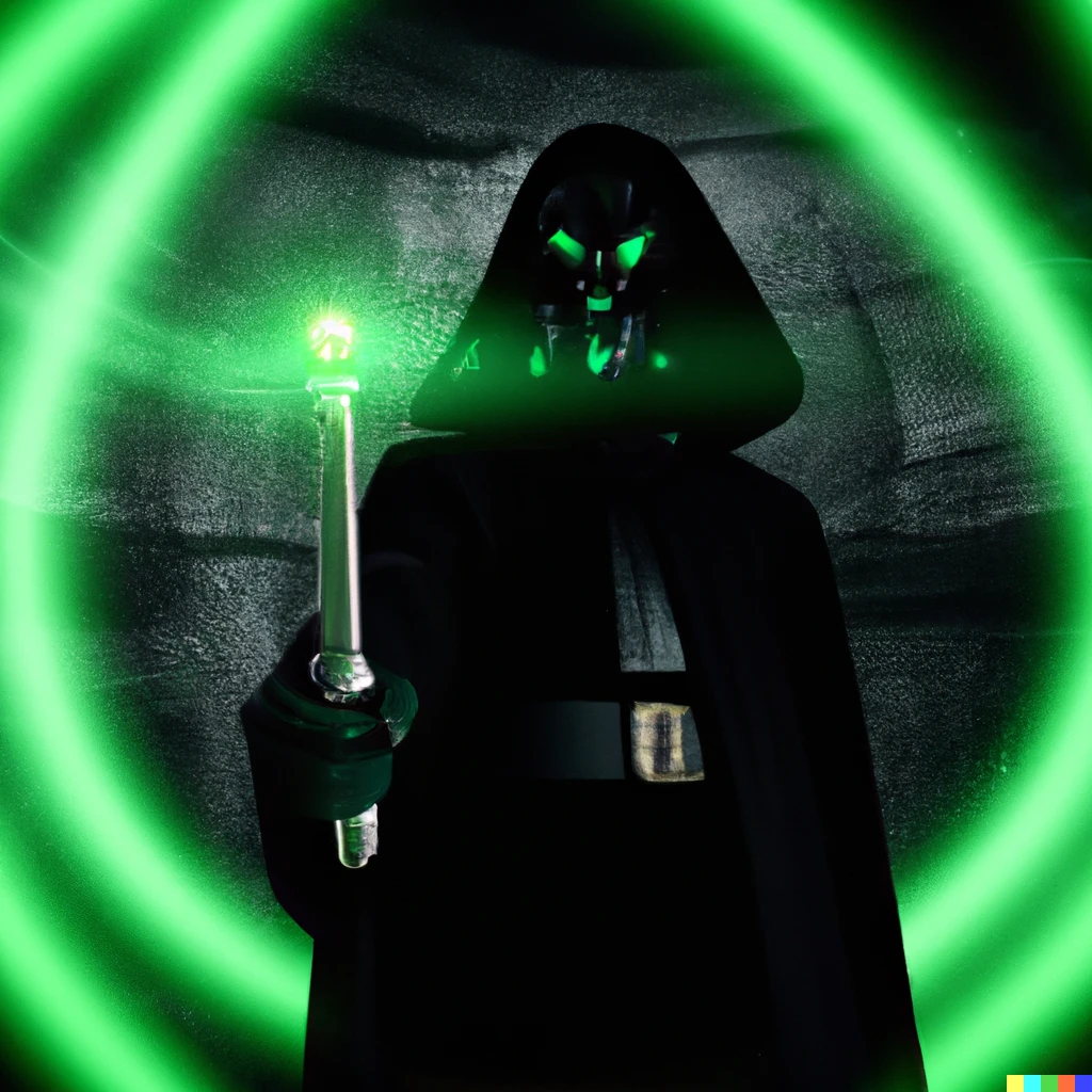 Prompt: photo of a darth vader with  green glowing wand in the slytherin dungeon