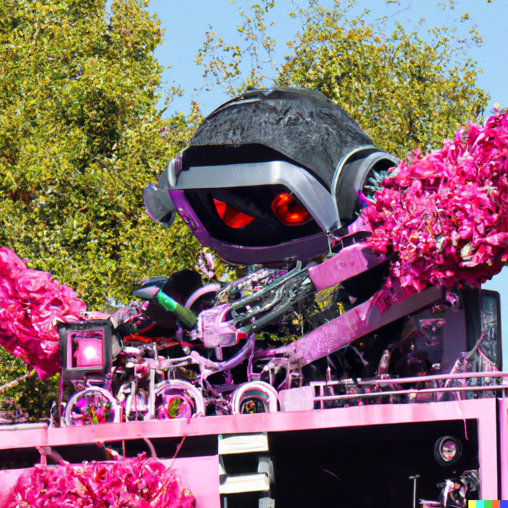 Prompt: a photo of a cyberpunk themed float in the rose parade during the daytime in pasadena
