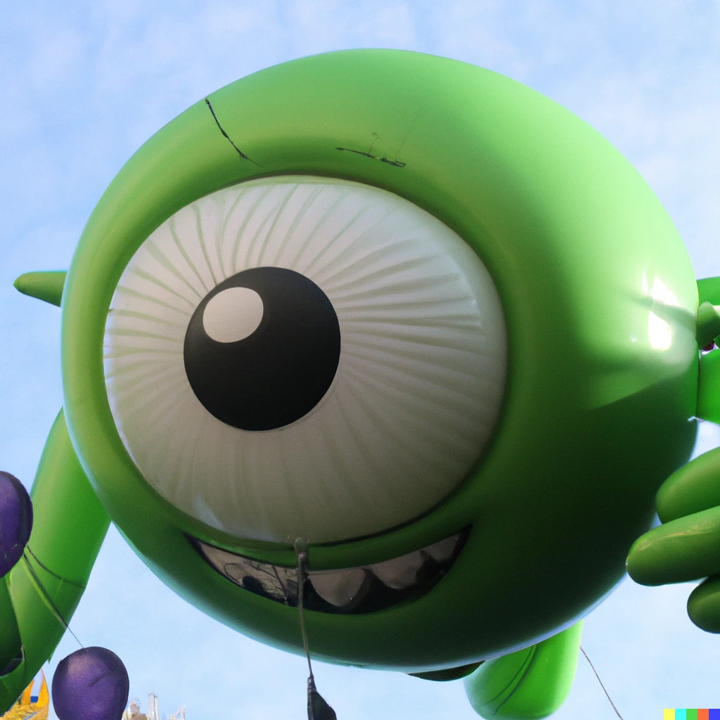 Prompt: a photo of a giant inflated mike wazowski balloon float in the macy's thanksgiving parade