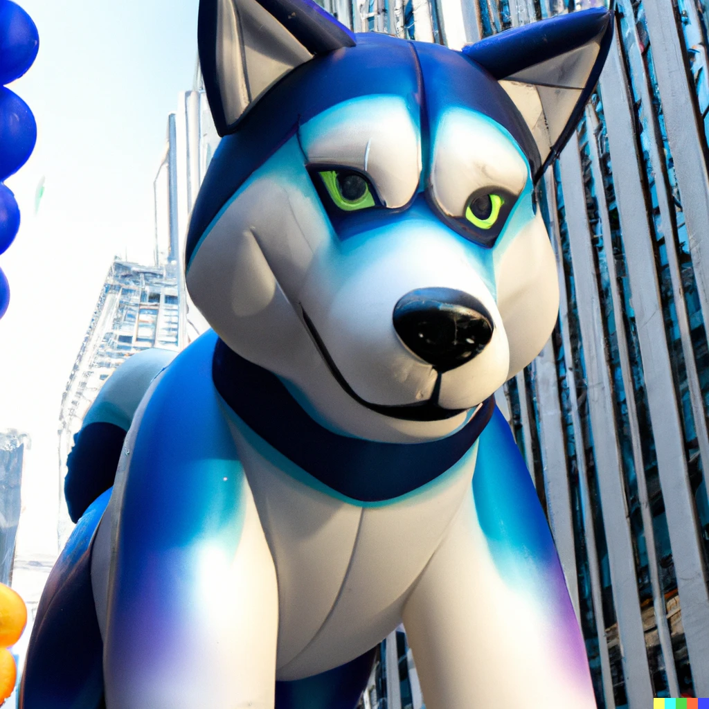 Prompt: a photo of a skyscraper-sized inflated siberian husky balloon float in the macy's thanksgiving parade