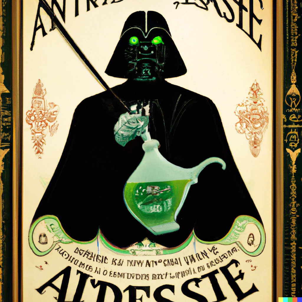 Prompt: art nouveau absinthe ad illustration featuring Darth Vader