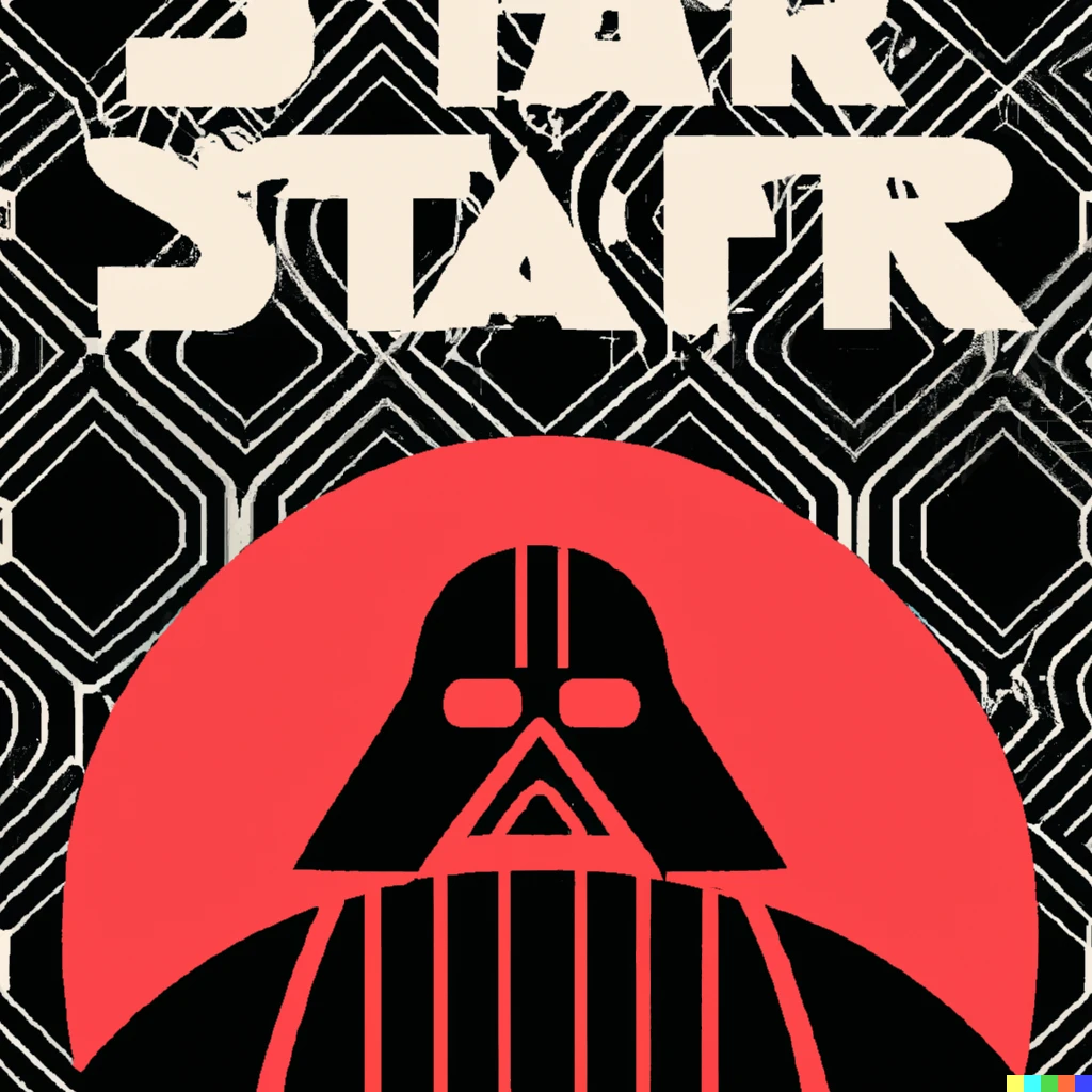 Prompt: fabric pattern in the style of an art deco surf travel poster with the theme of darth vader