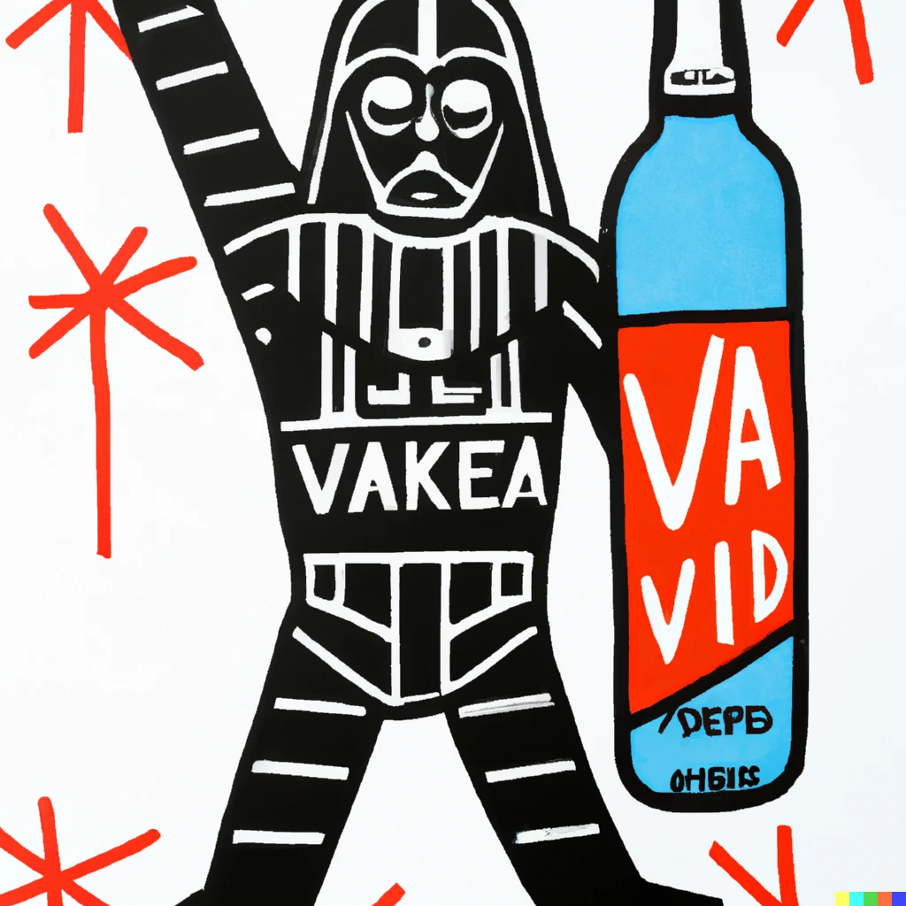 Prompt: illustrated advertisement by keith haring with darth vader for “vader vodka”