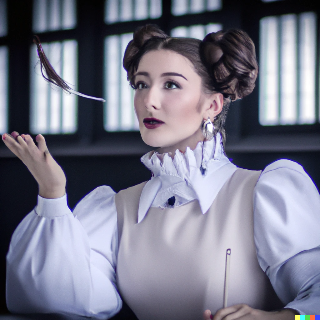 Prompt: photo of princess leia with buns on the sides of her head, levitating a feather with her wand in a hogwarts classroom