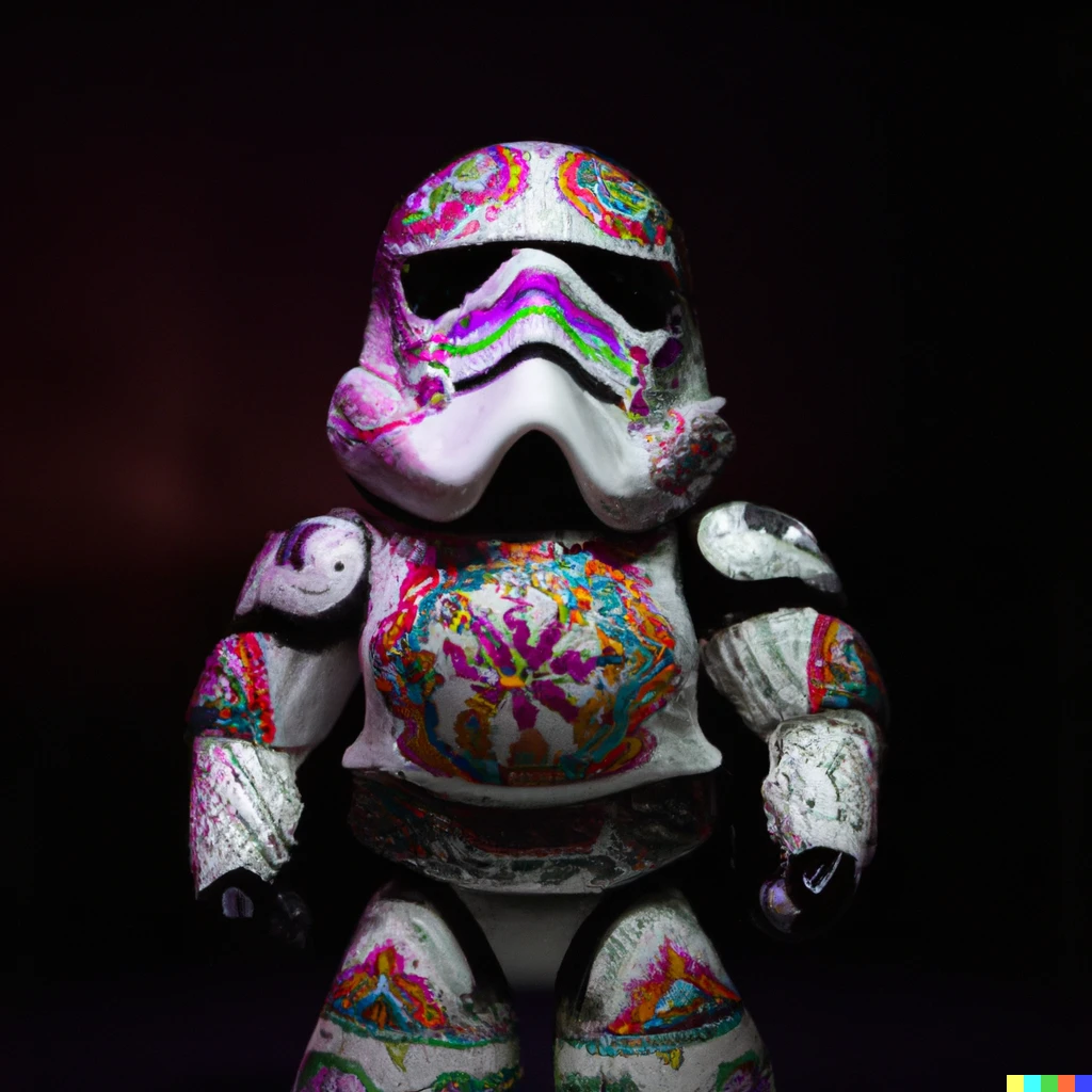 Prompt: photo of a stormtrooper alebrije against a dark backdrop