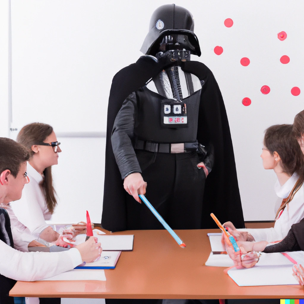 Prompt: photo of a teacher dressed as darth vader helping his students