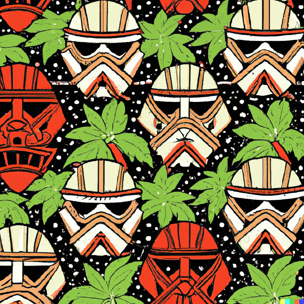 Prompt: hawaiian fabric pattern with the themes of tiki darth vader