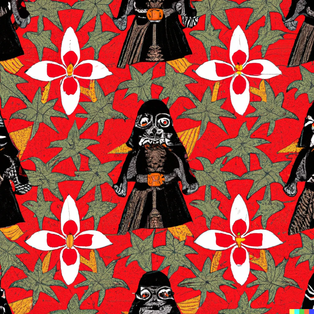 Prompt: complex hawaiian fabric pattern with the theme of tiki darth vader