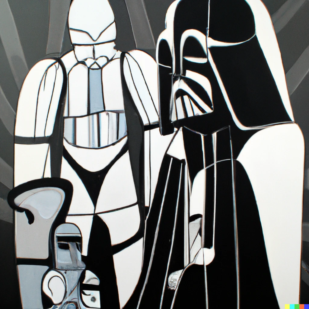 Prompt:  painting by picasso of darth vader and stormtroopers in the style of the weeping woman