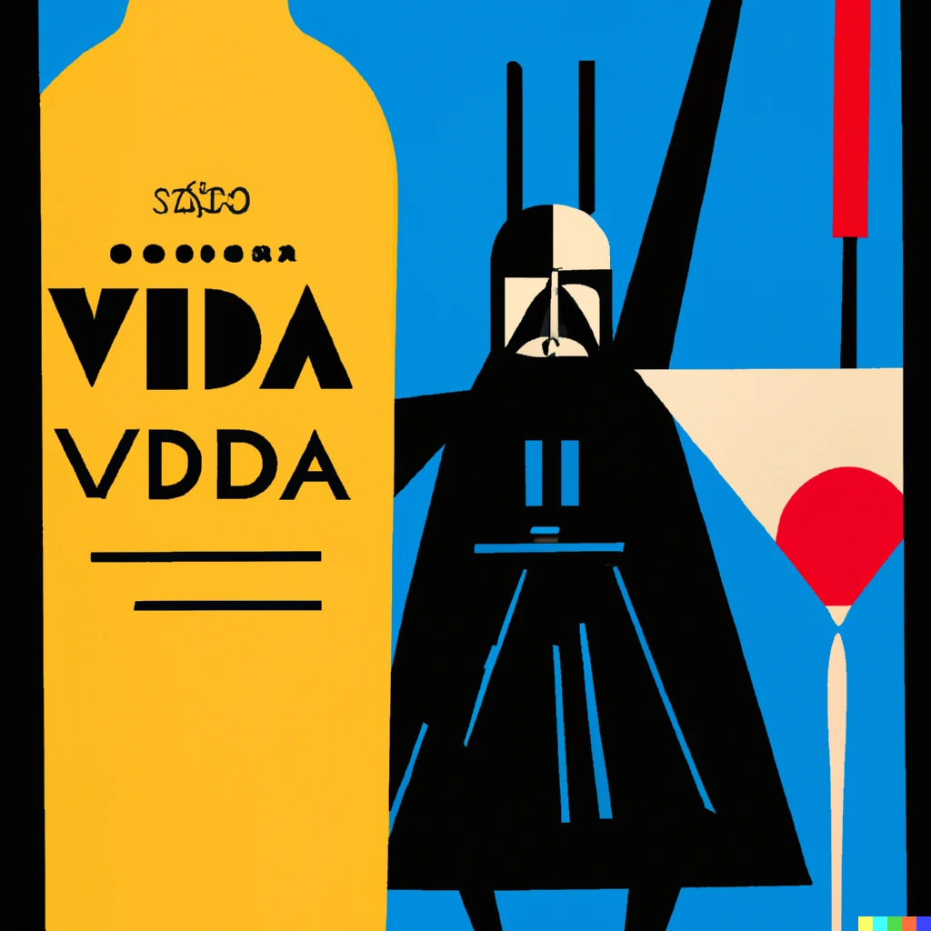 Prompt: illustrated advertisement by kandinsky with darth vader for “vader vodka”